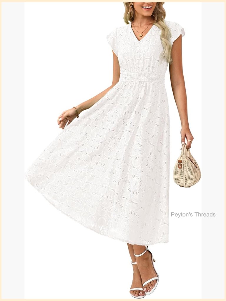 V Neck Short Sleeve Smocked Waist Maxi Dress With Pockets